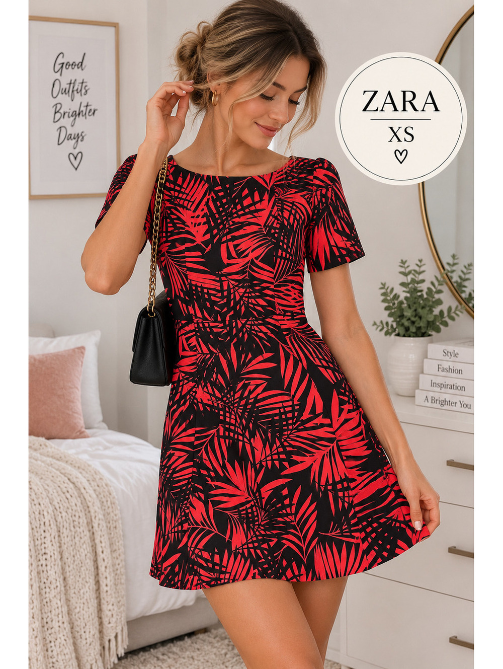 Zara Woman | XS | Black Palm Print Dress